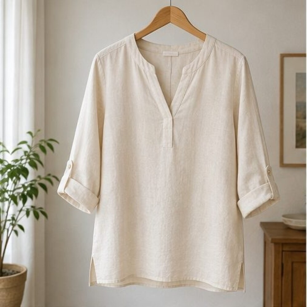 Ivory Linen Notch Neck Blouse